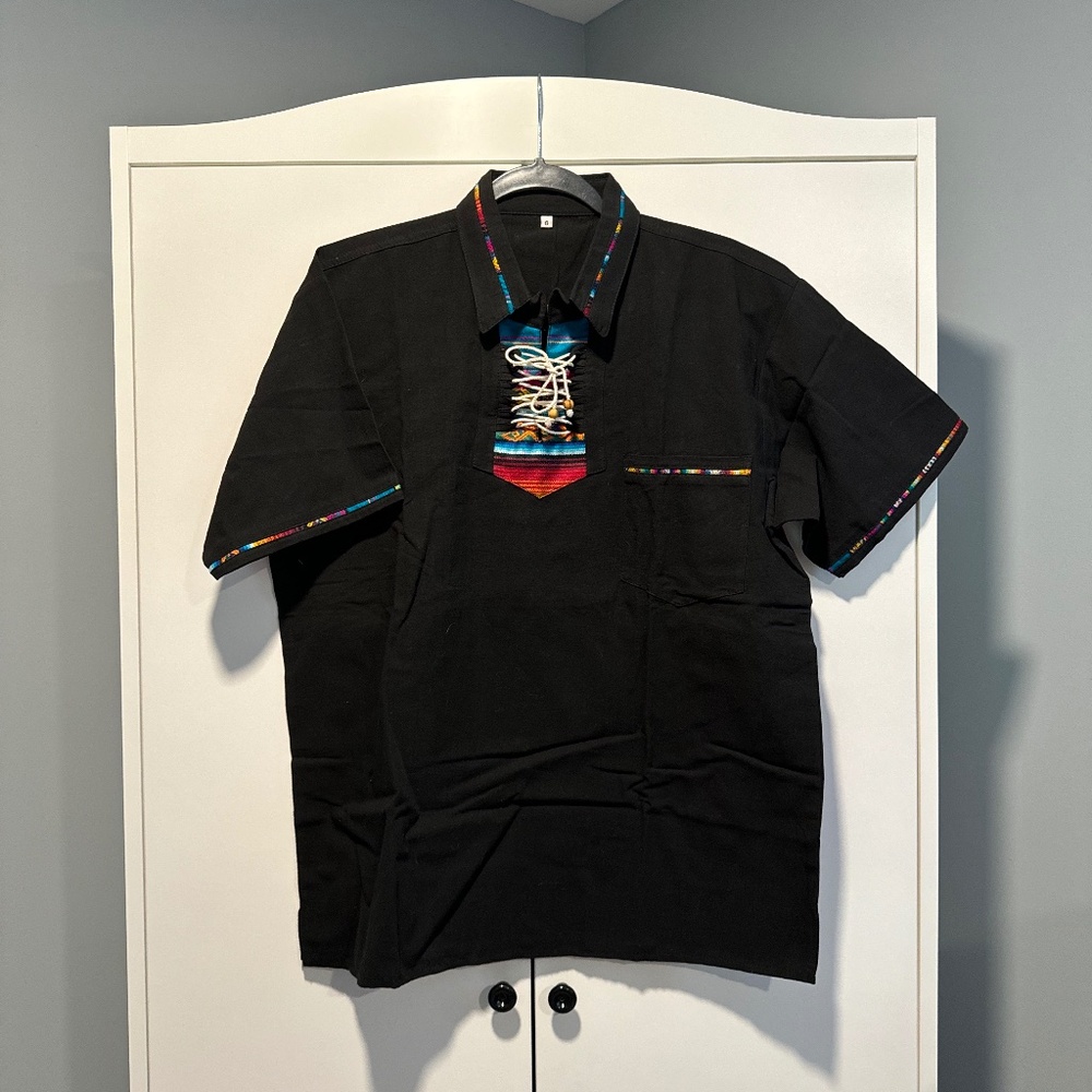 Mens Black with Multi Colored Trim Guayabera Size Large